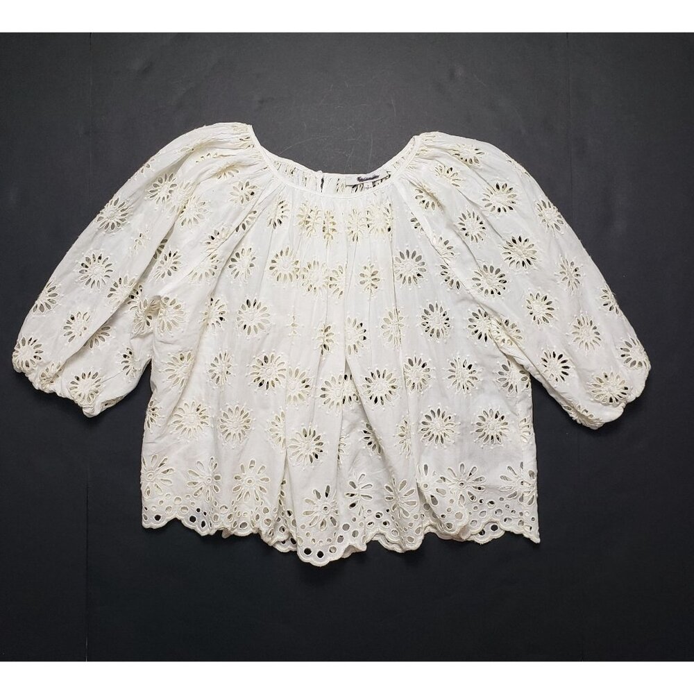 Madewell Embroidered Shirred Puff-Sleeve Top Women's Small Ivory Floral Eyelet - Picture 16 of 16